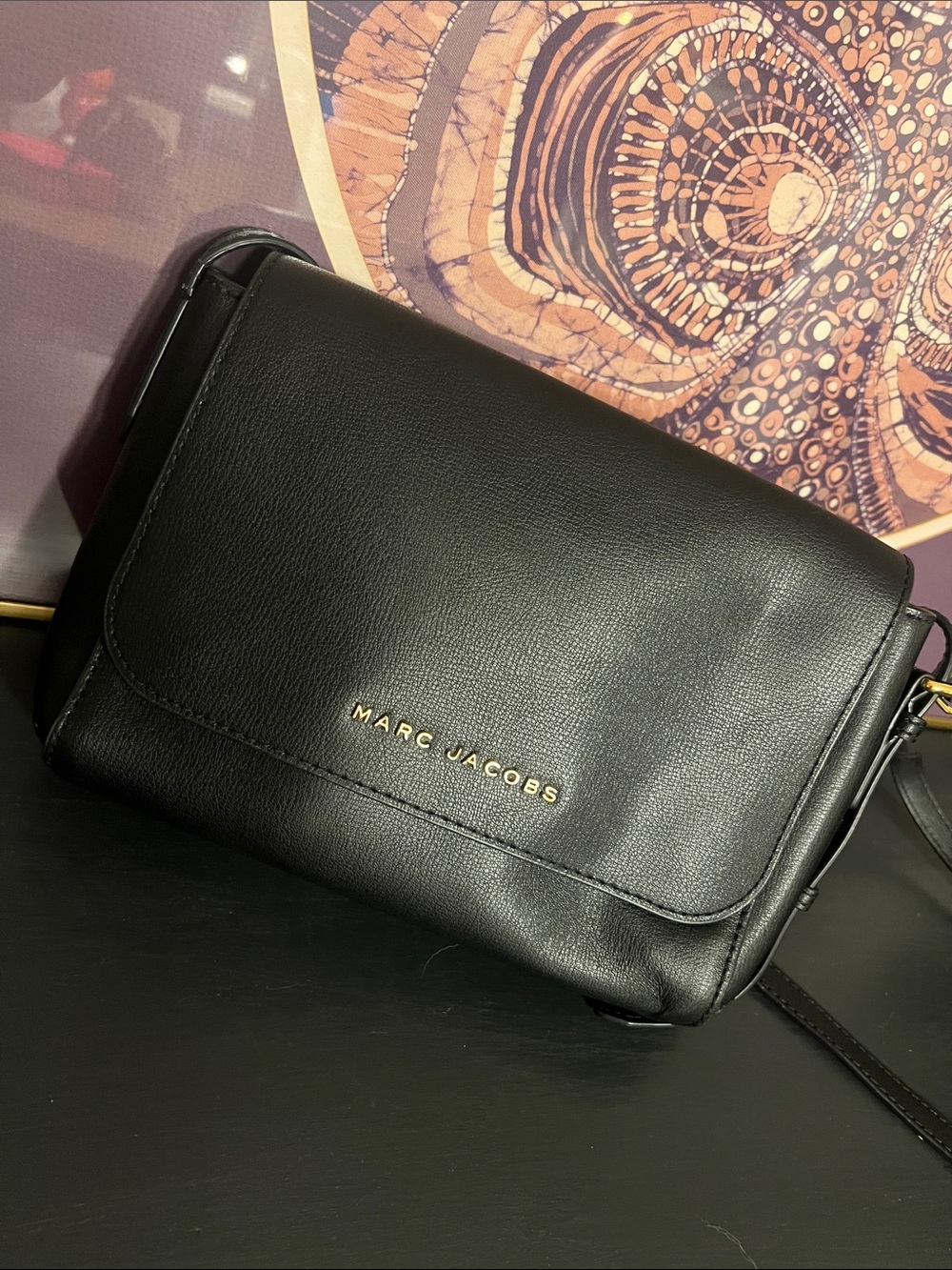 Marc Jacobs Black Leather Flap Crossbody with Gold Logo
